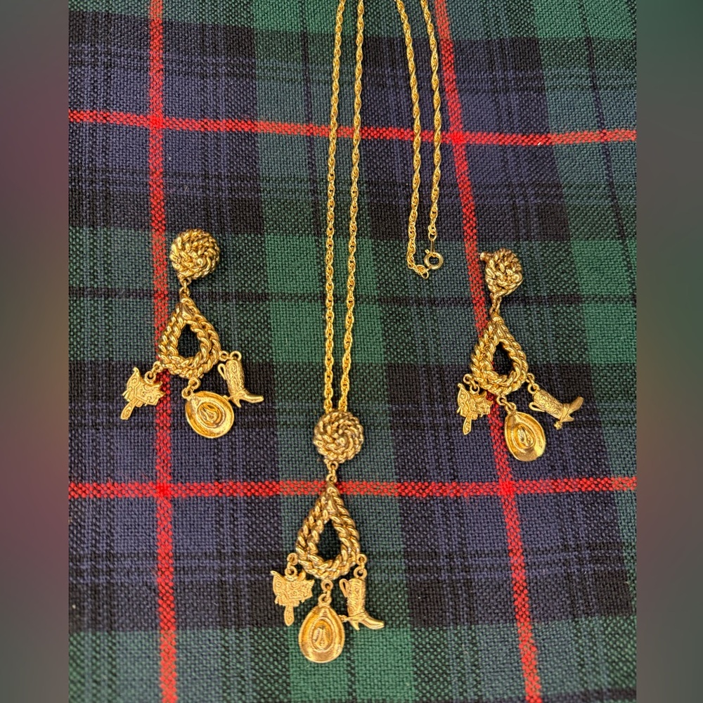 Gold-Tone Western Cowboy Charm Necklace and Earrings Set